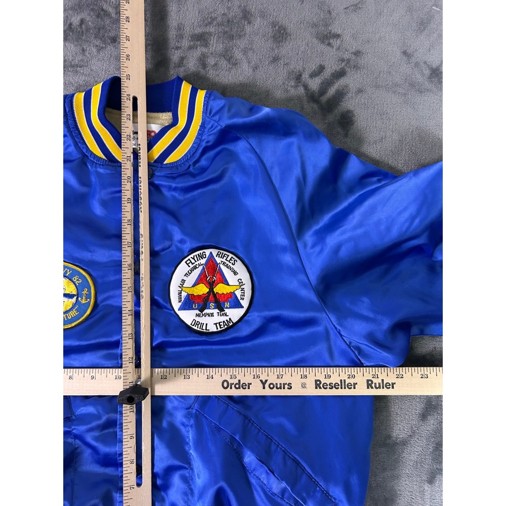 Vintage US Navy Satin Bomber Jacket Mens Blue Yellow King Louie Pro Fit - Picture 6 of 11